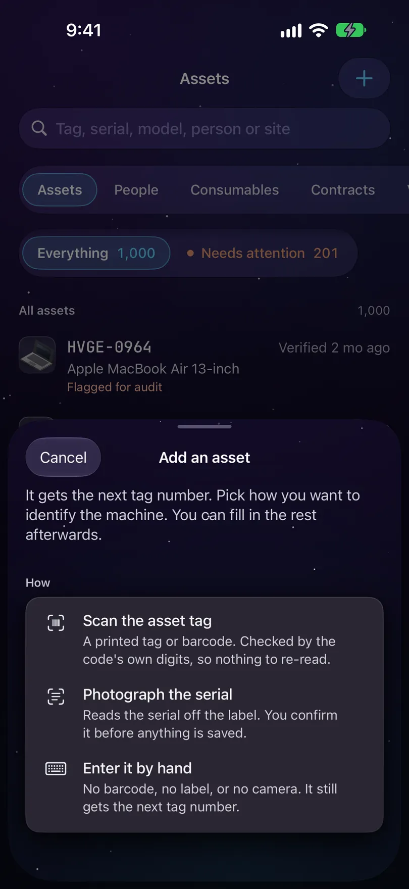 The Add an asset chooser over the Assets tab on iPhone: it gets the next tag number, with Scan the asset tag, Photograph the serial, Enter it by hand and Find it on the network