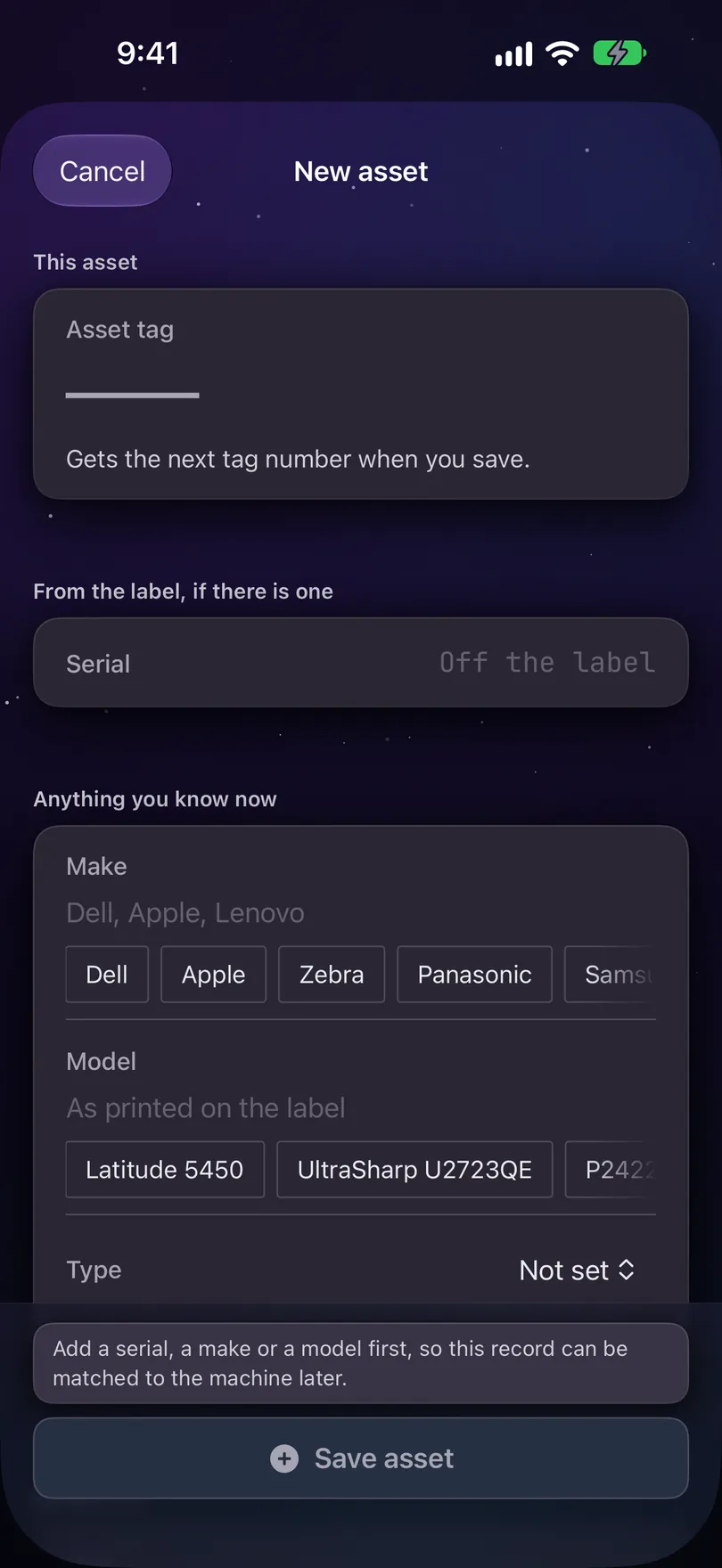 The New asset form on iPhone: the asset tag leads the page and is reserved when you save, a serial field that saving asks for, make and model with chips for the ones this register uses, and Save asset waiting for a serial, a make or a model
