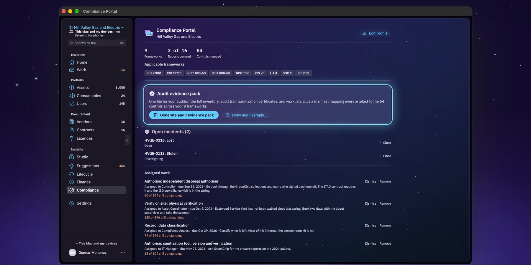 The Compliance Portal on the Mac for Hill Valley Gas and Electric: 9 frameworks, 3 of 16 reports covered and 54 controls mapped, the Audit evidence pack with a Generate audit evidence pack button, two open incidents, and assigned work such as physical verification.