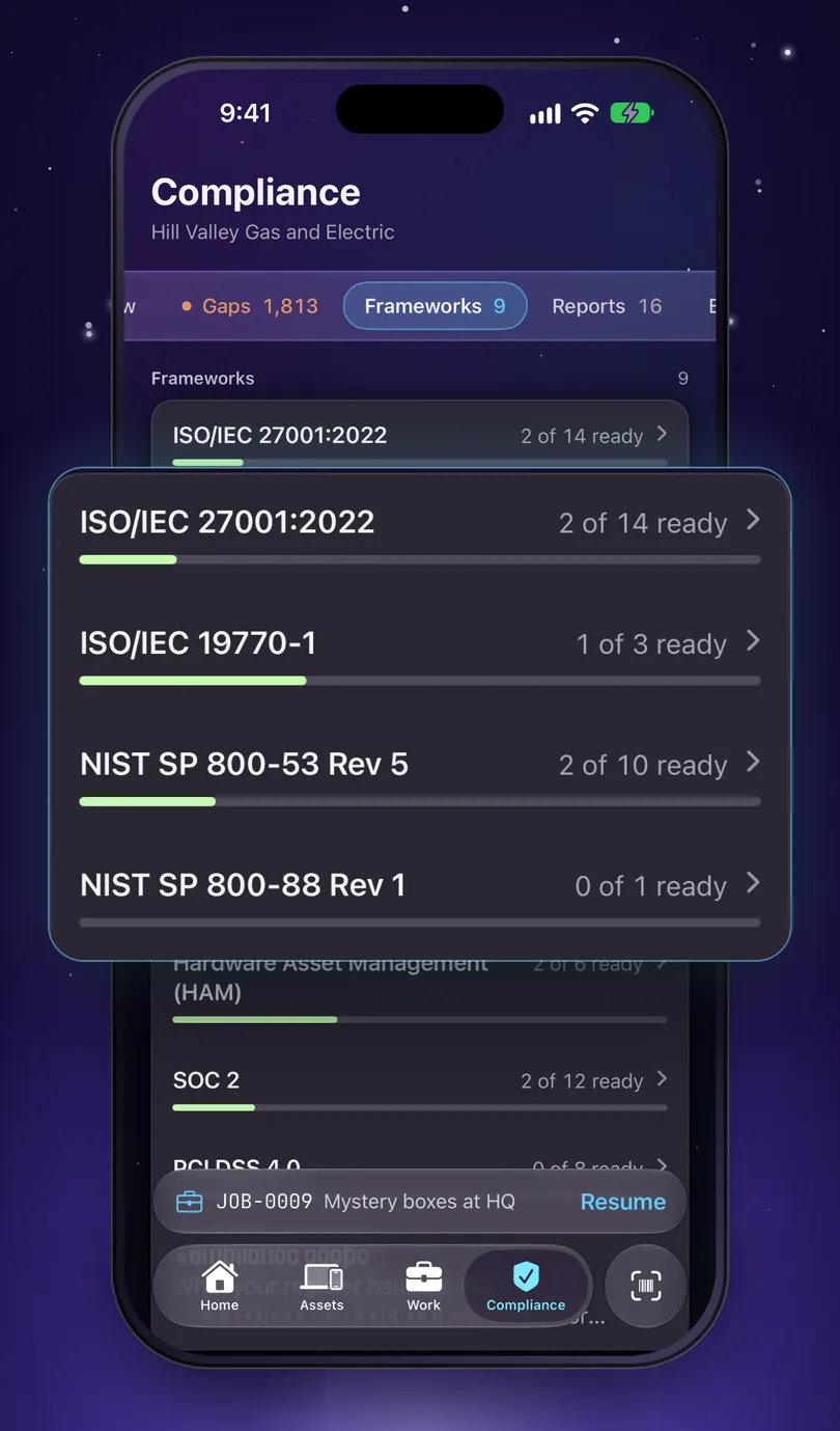 Frameworks on iPhone: ISO/IEC 27001:2022 2 of 14 ready, ISO/IEC 19770-1 1 of 3, NIST SP 800-53 Rev 5 2 of 10 and NIST SP 800-88 Rev 1 0 of 1.