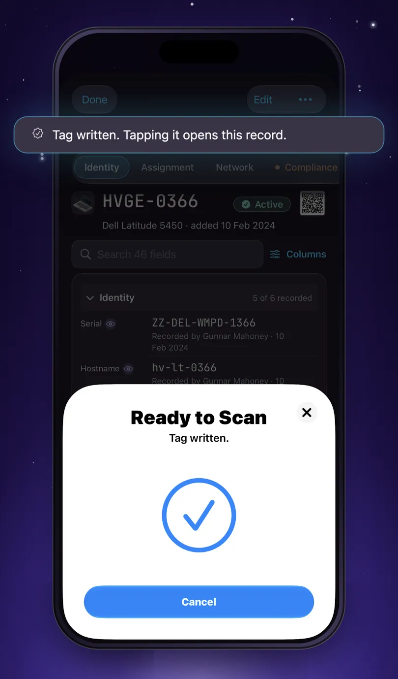 An asset record on iPhone under Apple's Ready to Scan sheet reading Tag written, with the record's own strip enlarged: Tag written. Tapping it opens this record.