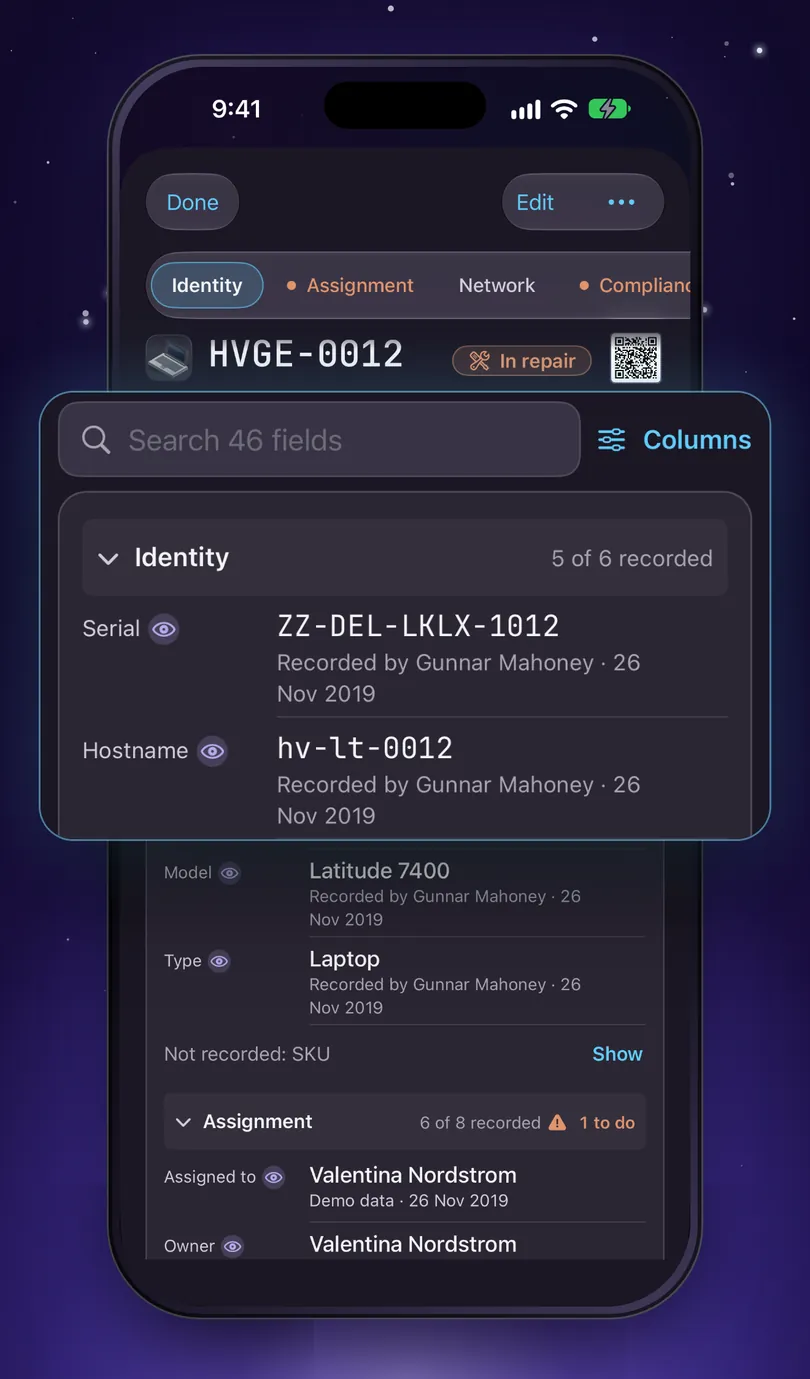 An asset record on iPhone, HVGE-0012, a laptop in repair. Enlarged: the search field reading Search 46 fields, the Columns button, and the Identity section, 5 of 6 recorded, with Serial ZZ-DEL-LKLX-1012 and Hostname hv-lt-0012, each recorded by Gunnar Mahoney on 26 Nov 2019.