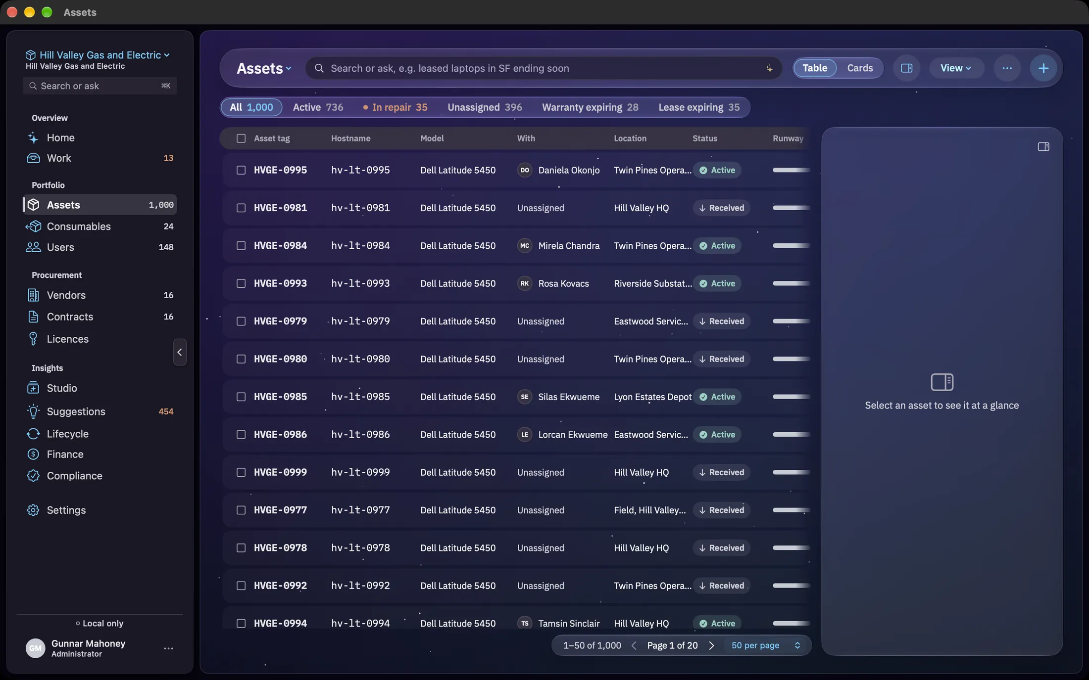 The Manifest assets table on macOS, with glass filters and columns you choose