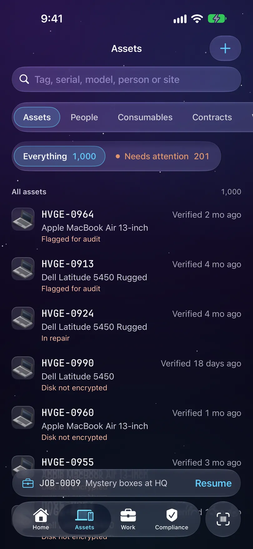 The Manifest asset list on iPhone: glass filters reading Everything 1,000 and Needs attention 201, and the register listed by tag, model and when each was last verified