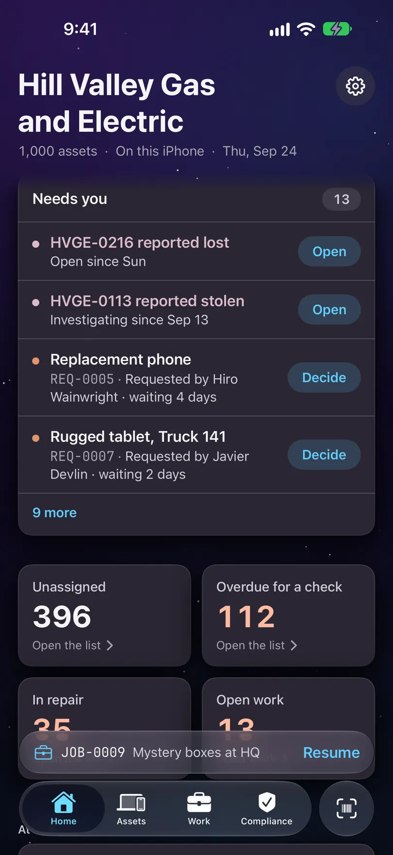 Starkive Manifest 1.2 on iPhone: the Home for Hill Valley Gas and Electric, 1,000 assets on this iPhone, with Needs you listing a lost laptop, a stolen one and two requests to decide, then four figures: Unassigned 396, Overdue for a check 112, In repair and Open work