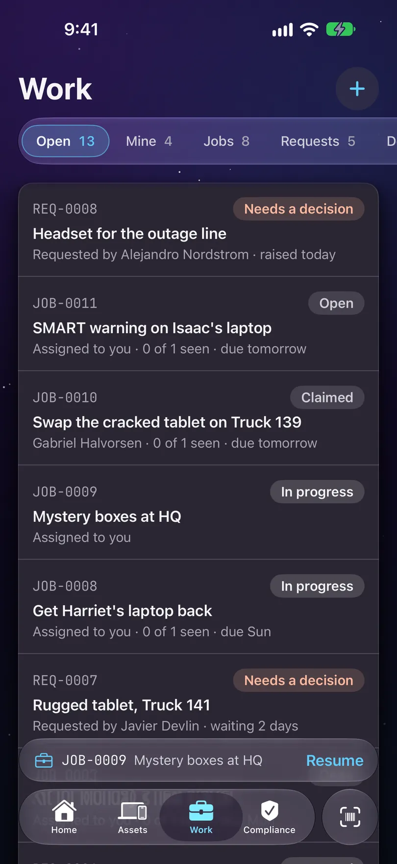 The Work tab on iPhone: numbered jobs and requests like REQ-0007 and JOB-0009 under glass chips for Open, Mine, Jobs and Requests