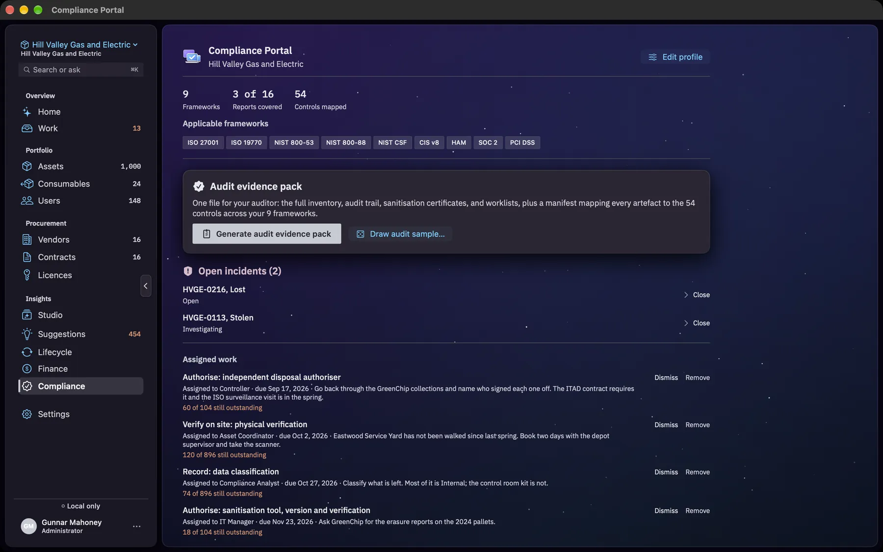 The Manifest Compliance Portal on macOS: the frameworks that apply, reports covered and controls mapped, the audit evidence pack, open incidents and assigned work