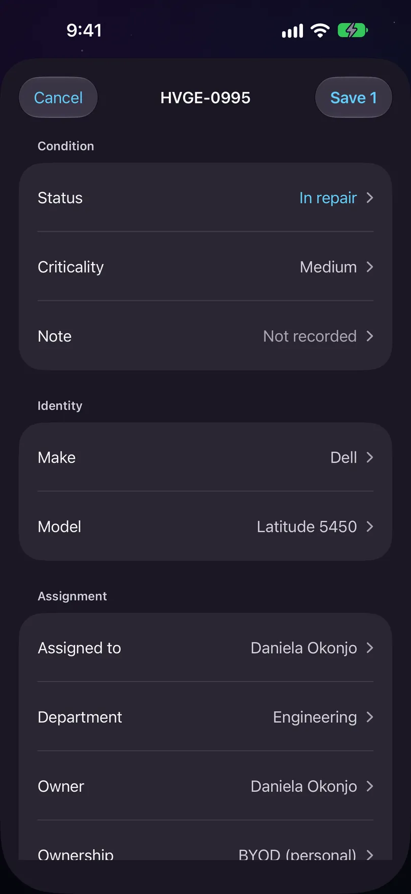 The edit form for HVGE-0995 on iPhone: Cancel, the asset tag, and Save 1, with Status changed to In repair under Condition, then Criticality, Note, Identity and Assignment.