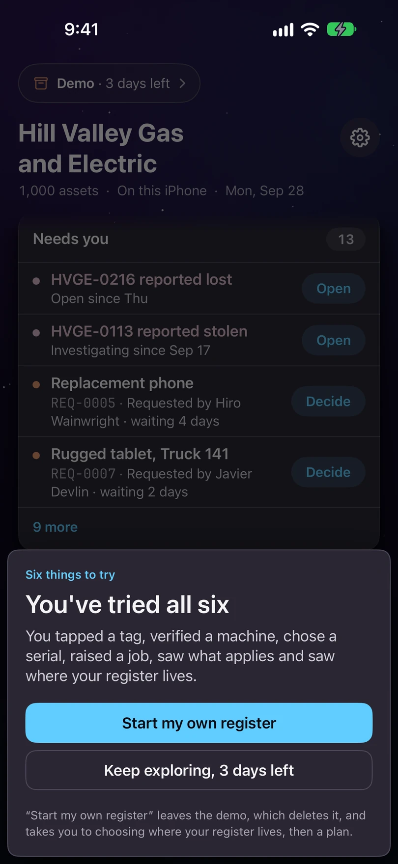 The demo's end card on iPhone: You've tried all six, with Start my own register and Keep exploring.