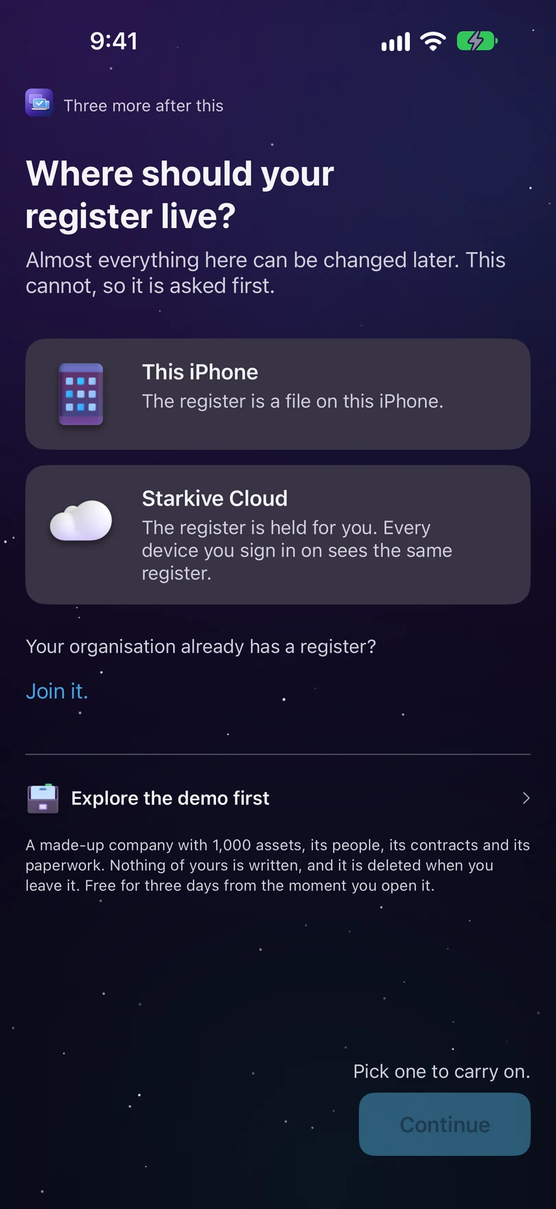 The first screen of setup on iPhone: Where should your register live? with This iPhone and Starkive Cloud, then Explore the demo first, A made-up company with 1,000 assets, its people, its contracts and its paperwork. Free for three days from the moment you open it., and Open the demo.