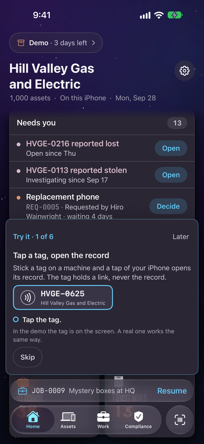 A demo card on iPhone: a tag on a machine, with the line Stick a tag on a machine and a tap of your iPhone opens its record. The tag holds a link, never the record., and the button Tap the tag.