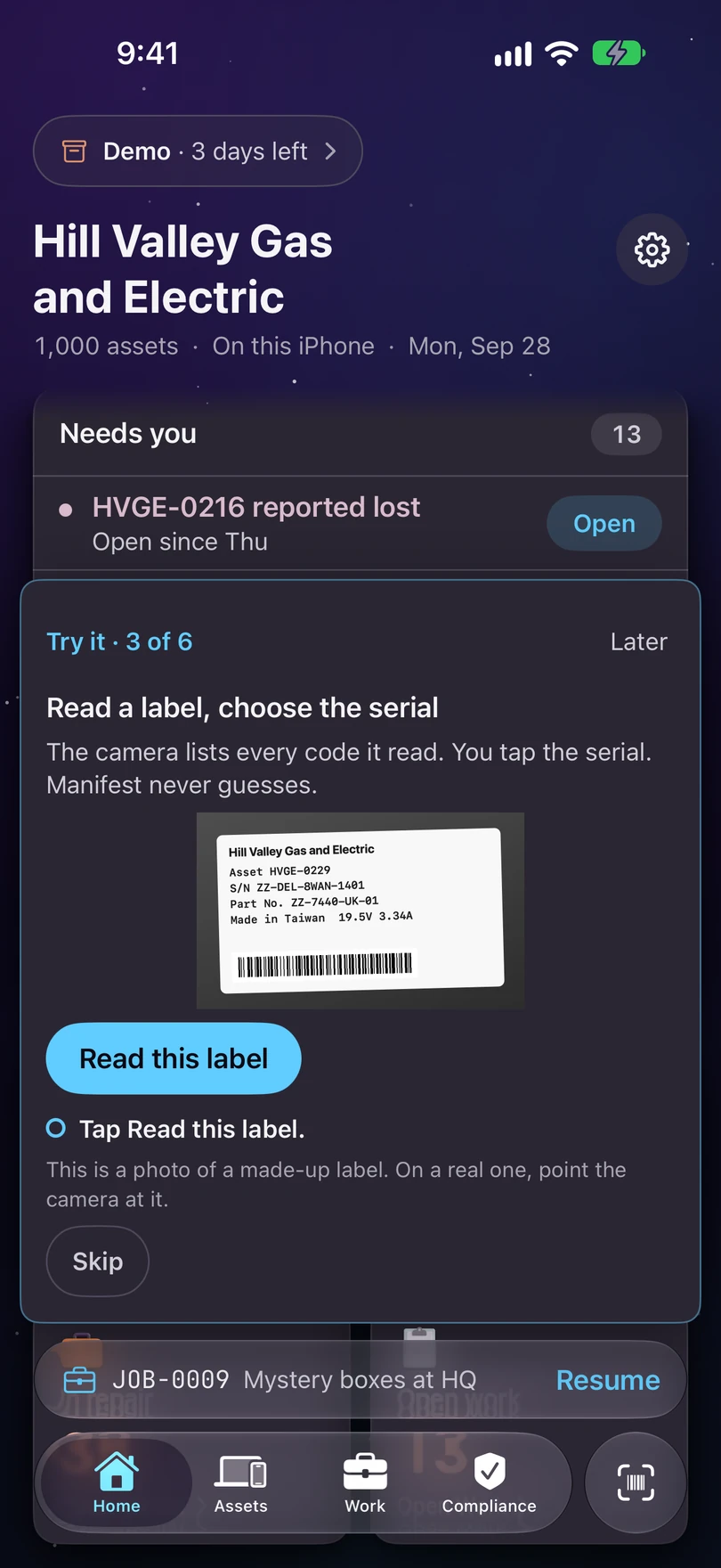 A demo card on iPhone: The camera lists every code it read. You tap the serial. Manifest never guesses., with the button Read this label.