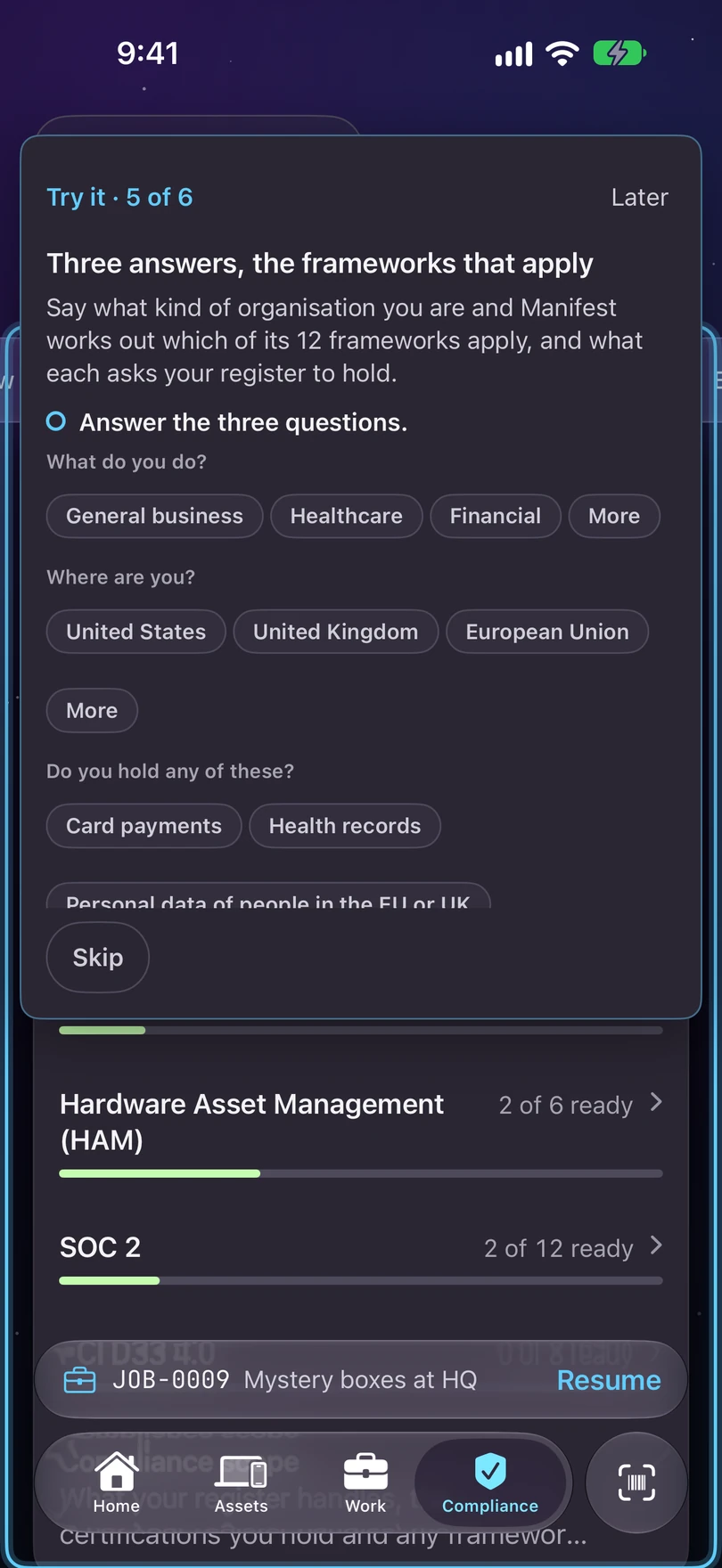 A demo card on iPhone: Say what kind of organisation you are and Manifest works out which of its 12 frameworks apply, and what each asks your register to hold., with the button Answer the three questions.