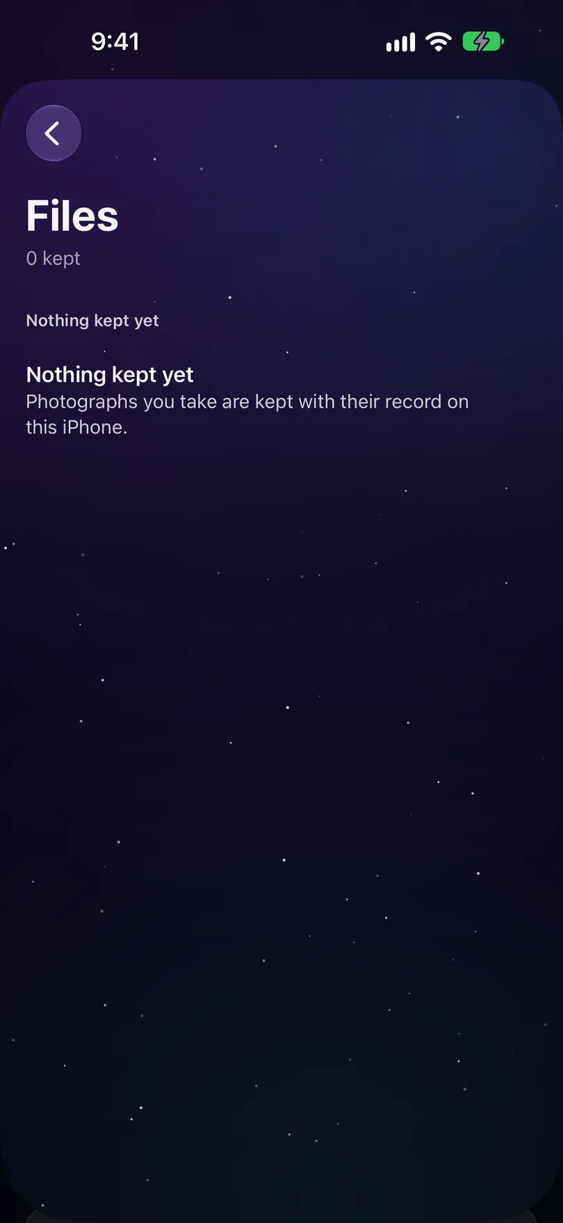 The Files screen on an iPhone holding its own register, reading Files, 0 kept, Nothing kept yet, Photographs you take are kept with their record on this iPhone.