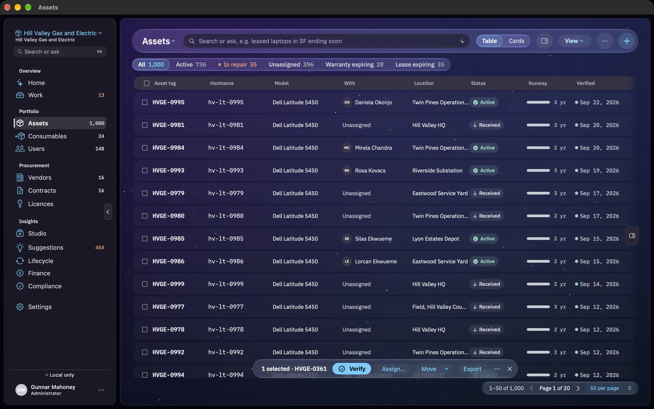 The Assets table with the inspector folded away and one asset selected, and a glass bar along the bottom reading 1 selected · HVGE-0361, with Verify, Assign…, Move, Export, a more menu and a button to clear the selection.