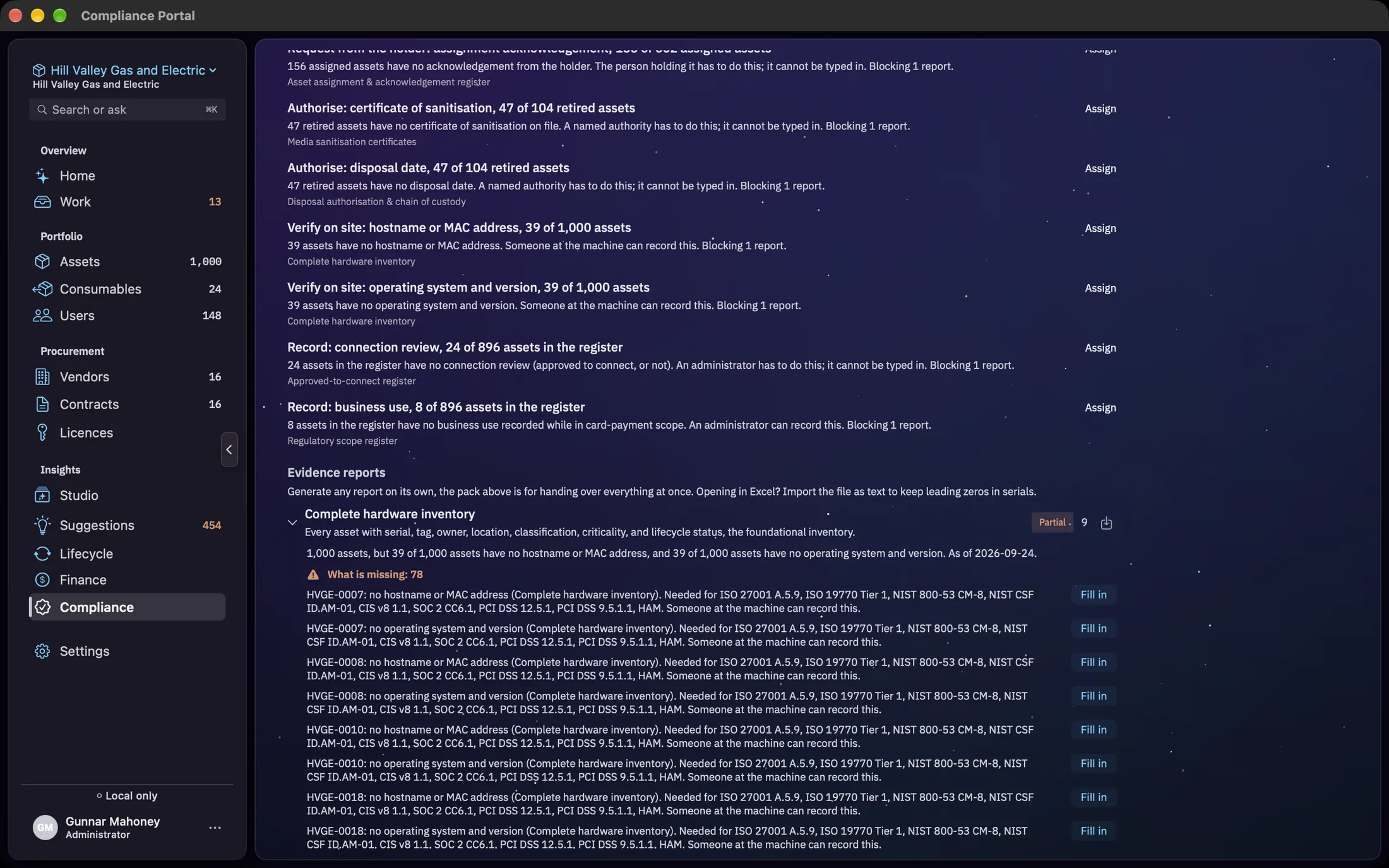 The foot of the Compliance Portal: assigned evidence work such as Verify on site: hostname or MAC address, 39 of 1,000 assets, each with Assign, then Evidence reports with Complete hardware inventory expanded: its Partial badge, 1,000 assets but 39 with no hostname or MAC address and 39 with no operating system, and What is missing: 78, listing each asset and gap with the frameworks that need it and Fill in.