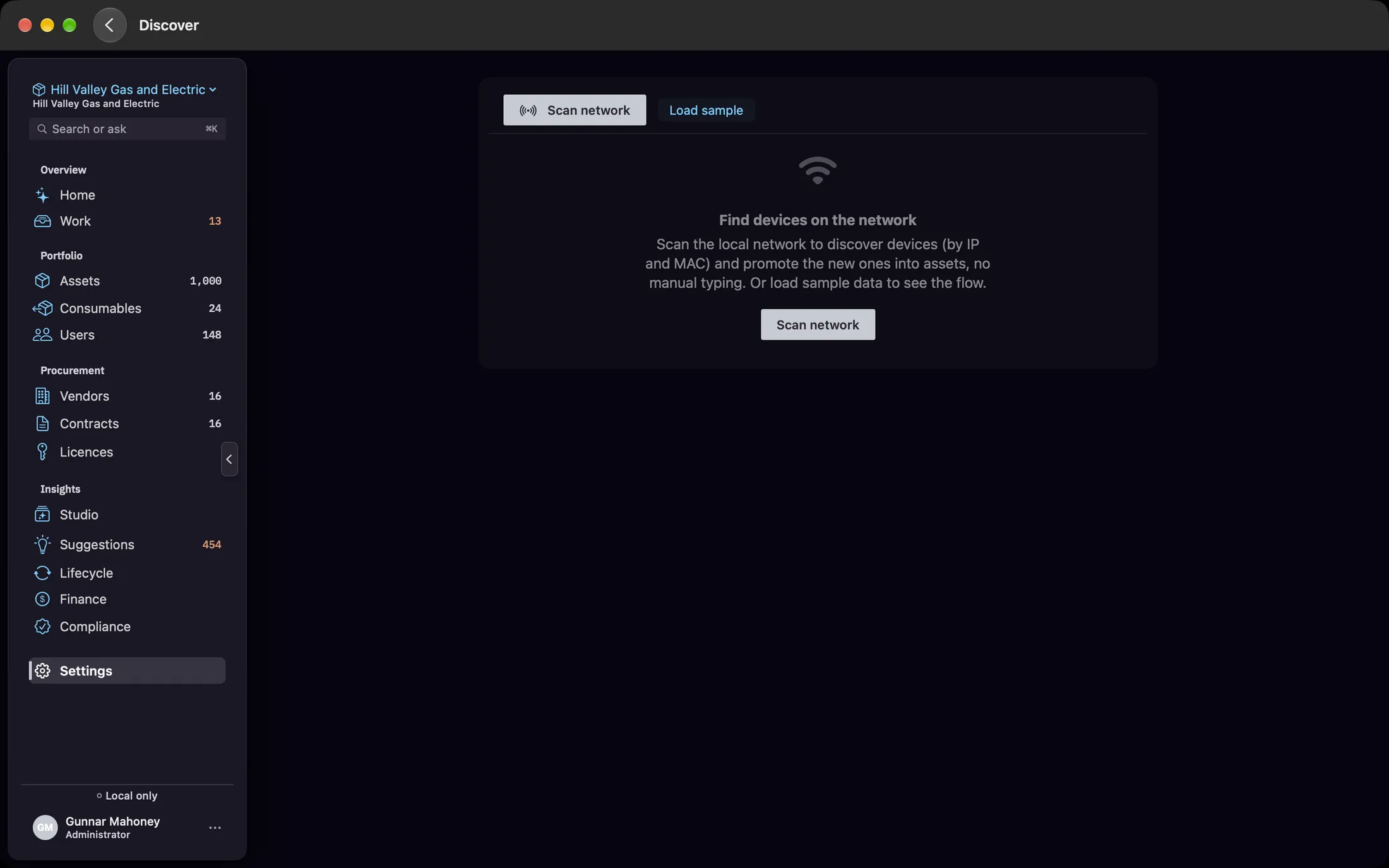The Discover screen, opened from Settings, before any scan: the Find devices on the network empty state with a Scan network button, and Scan network and Load sample in the bar above it.