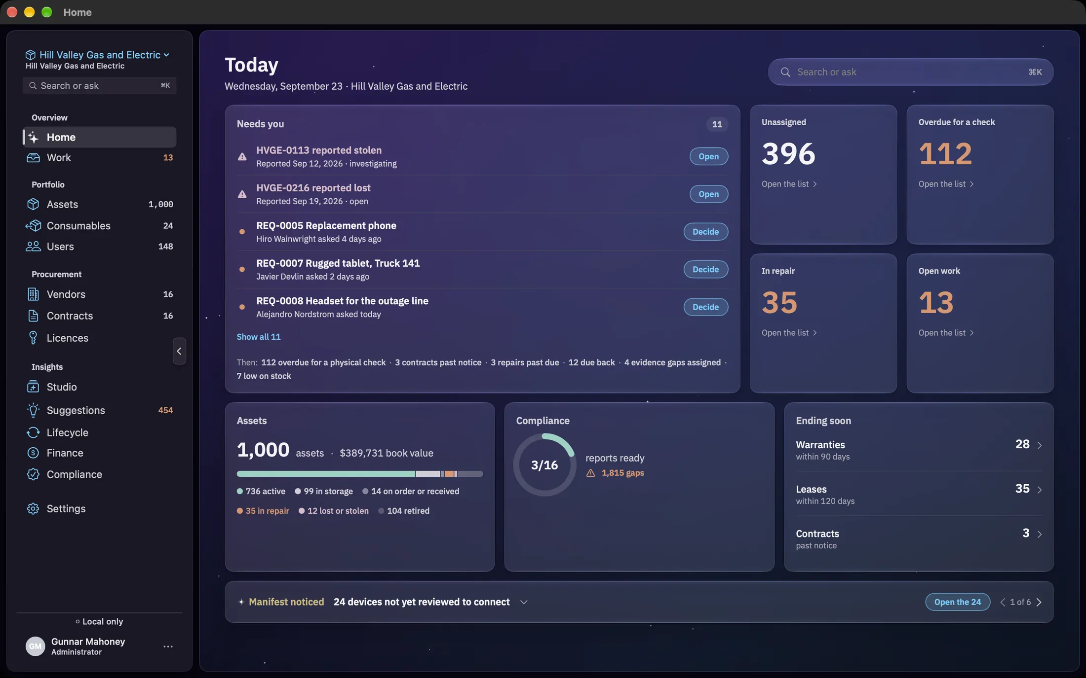 The Home screen: Today with the date and organisation, the Search or ask field at the top right, the Needs you card with five rows and a Then line, four figures for Unassigned, Overdue for a check, In repair and Open work, then the Assets, Compliance and Ending soon cards, and the Manifest noticed strip along the foot.