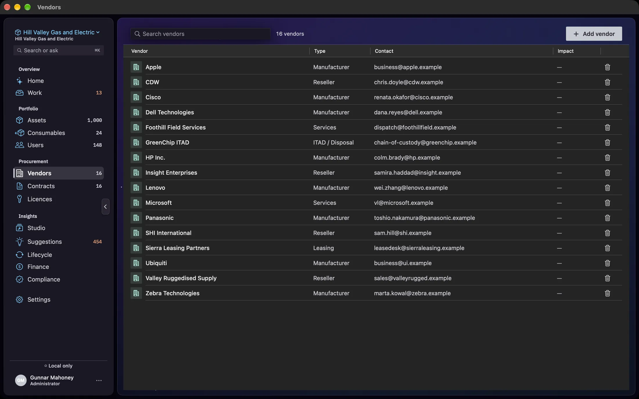 The Vendors table in the Hill Valley demo register, reading 16 vendors beside the search box and Add vendor on the right, with columns for Vendor, Type, Contact and Impact. Types include Manufacturer, Reseller, Services, Leasing and ITAD / Disposal, every contact is an email, every Impact reads a dash, and each row ends in a trash button.