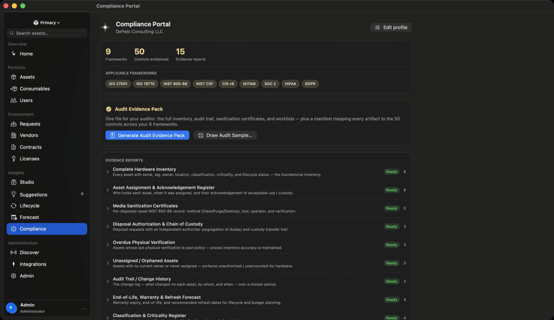 The Manifest compliance portal with frameworks, controls, and one-click audit evidence pack